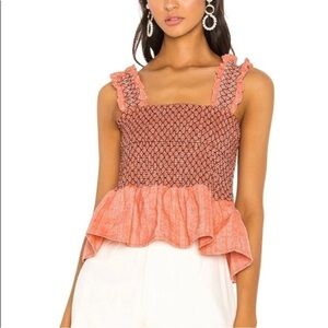 LINE & DOT• REVOLVE Zoe Smocked Linen Blend Ruffle Trim Top Sz XS